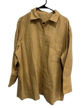 Tan Oversized 2X Button-Up Shirt Linen Front Pocket Minimalist Earth Tones